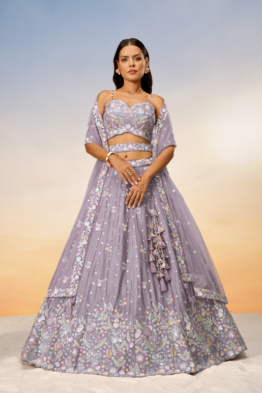 Chiffon Sequins And Thread Embroidery Lehenga Choli Dupatta