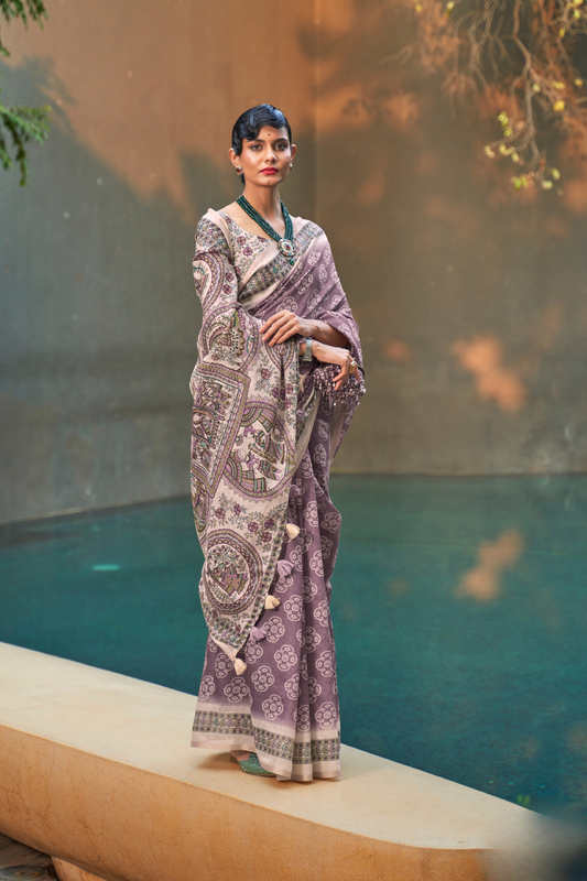 Printed Silk Blend Saree with Artistic Traditional Motifs