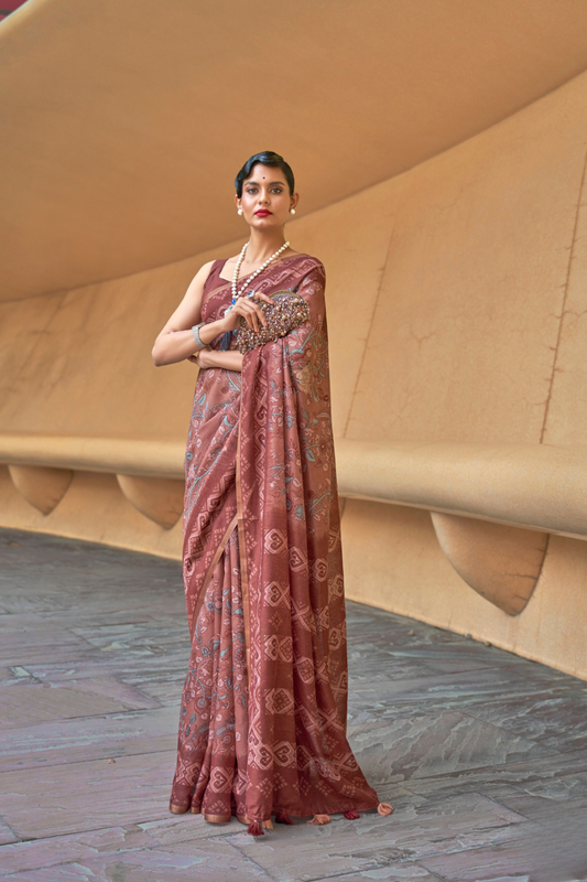 Printed Silk Blend Saree with Artistic Traditional Motifs