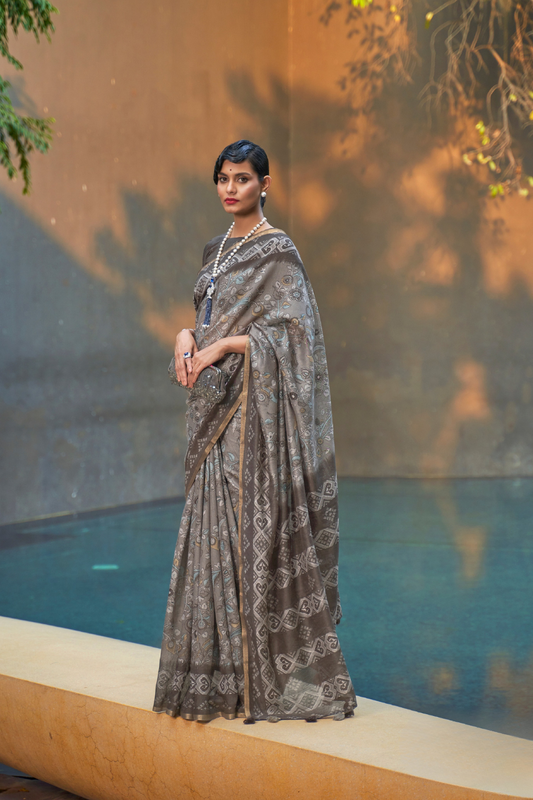 Printed Silk Blend Saree with Artistic Traditional Motifs