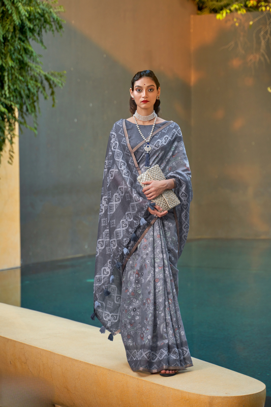 Printed Silk Blend Saree with Artistic Traditional Motifs