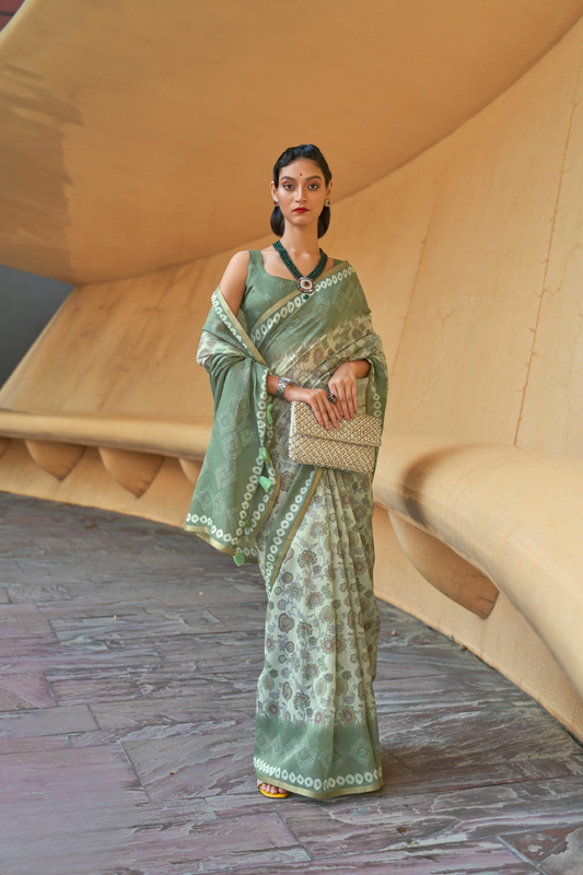 Printed Silk Blend Saree with Artistic Traditional Motifs