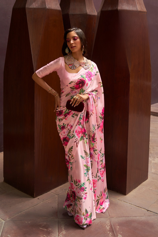 Digital Printed Satin Creep Saree with Smooth Silken Drape