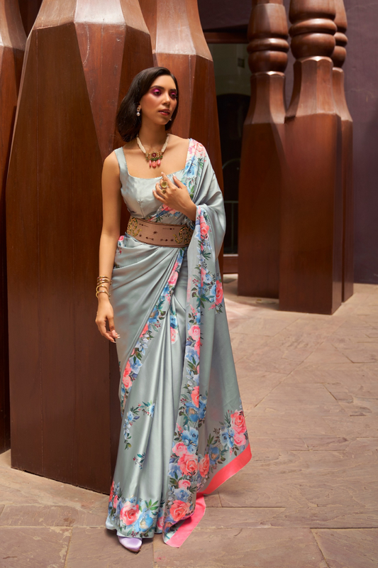 Digital Printed Satin Creep Saree with Smooth Silken Drape