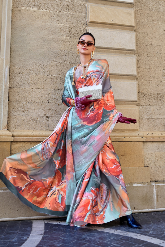 Digital Print Satin Crepe Saree with Soft Glossy Drape