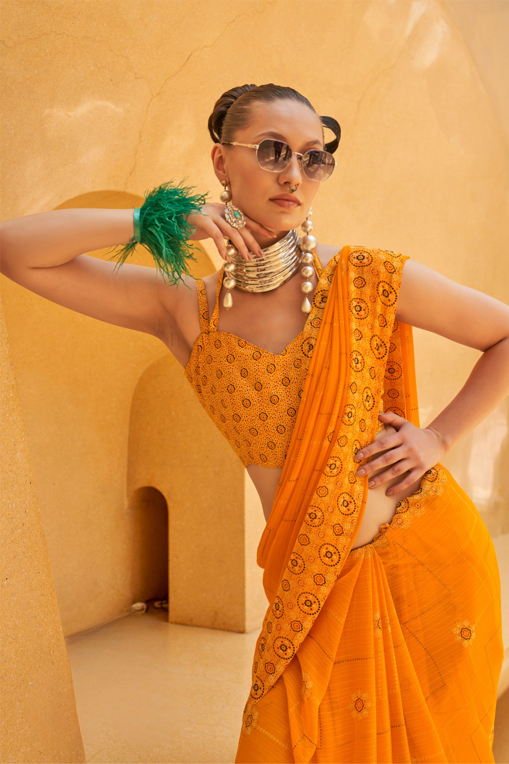 Daani Georgette Saree with Foil Print and Aqua Finish