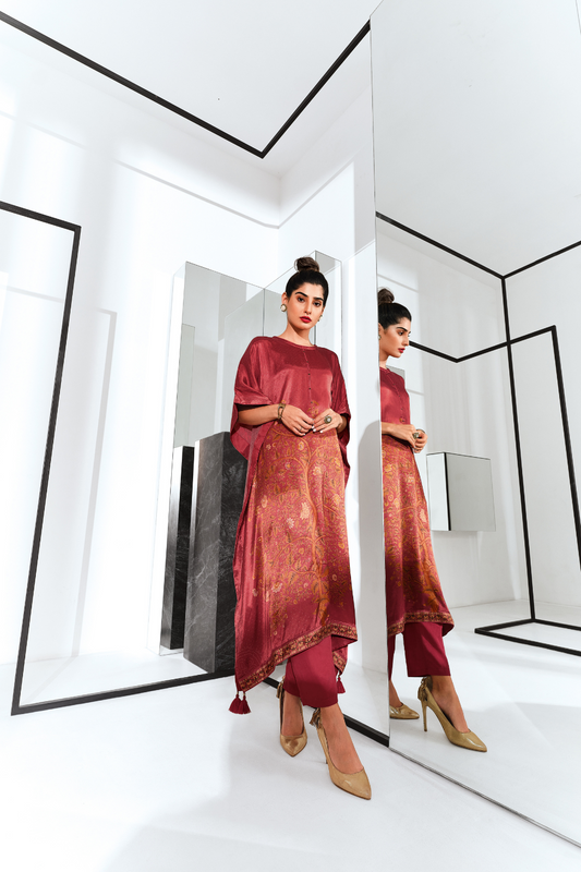 Gaji Silk Printed Kaftan Top Paired with Cotton Bottom