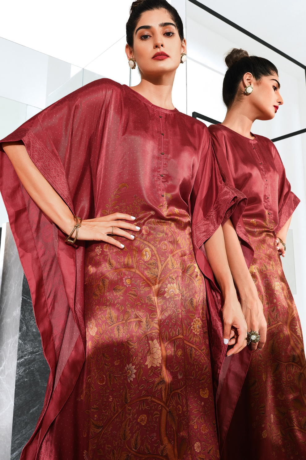 Gaji Silk Printed Kaftan Top Paired with Cotton Bottom