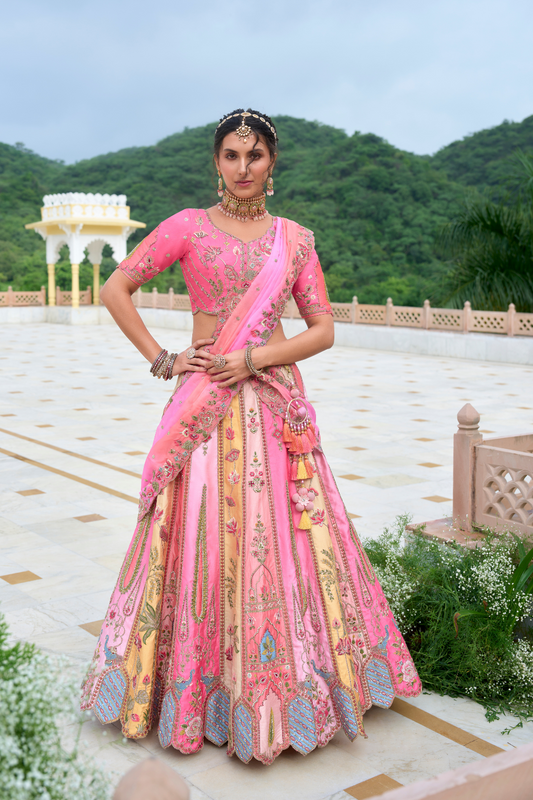 Beautifully Shaded Silk Lehenga with Handcrafted Embroidery & Cutwork