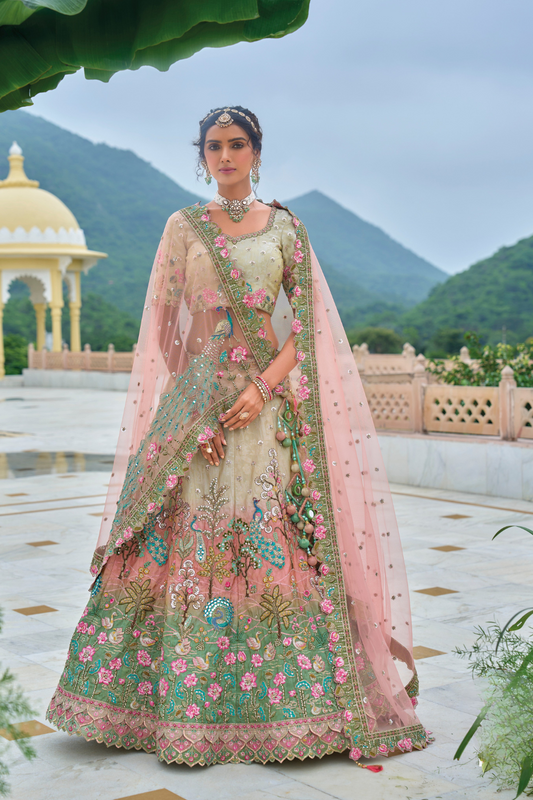 Beautifully Shaded Silk Lehenga with Handcrafted Embroidery & Cutwork