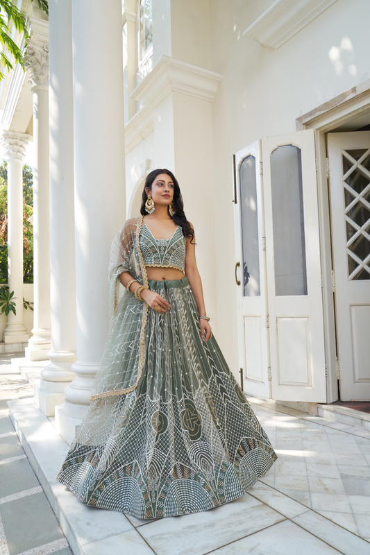 Graceful Thread and Sequin Embroidered Net Lehenga for Parties