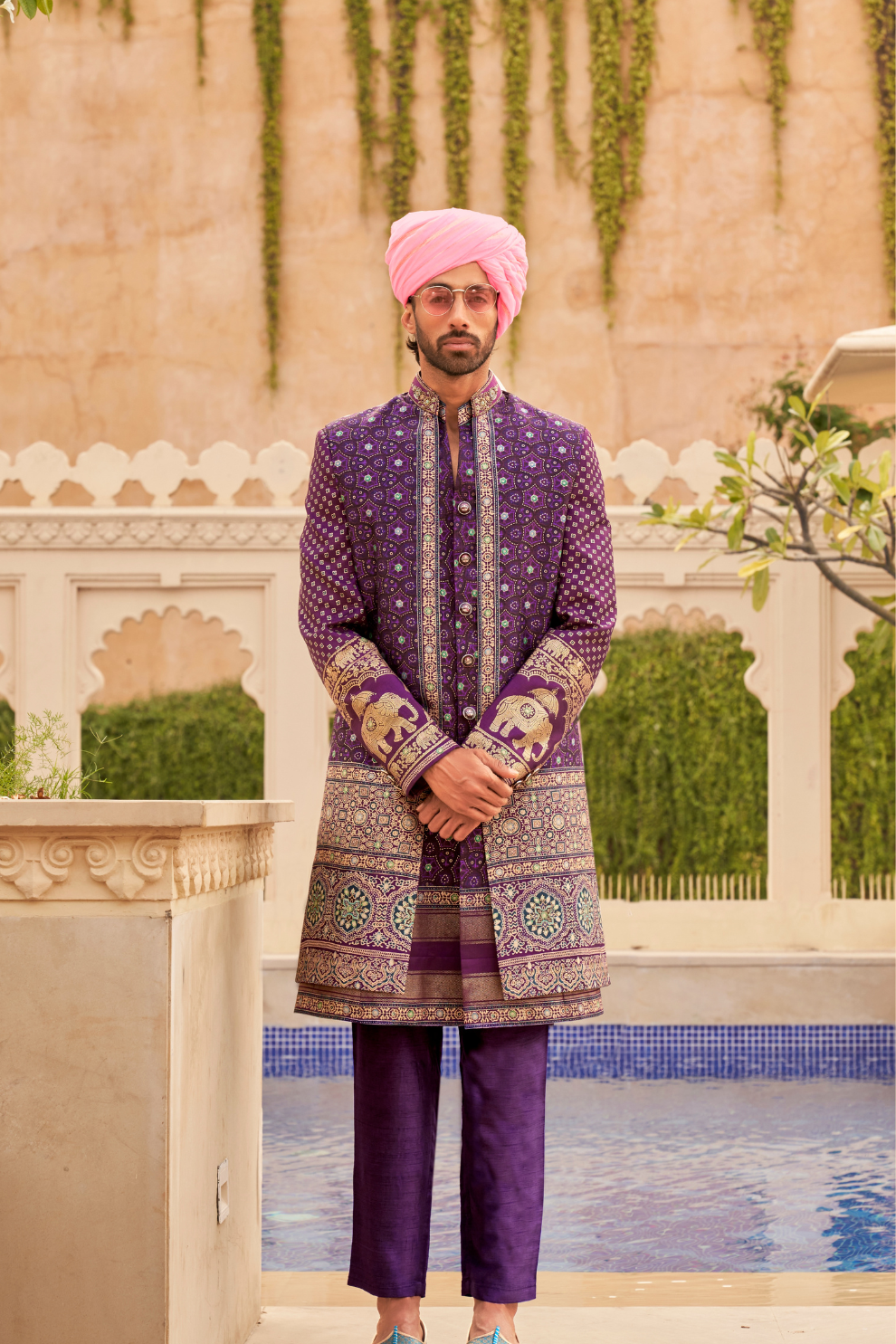 Regal Purple Bridal Lehenga & Floral Print Kurta Set for Couple - LaVante Fashion