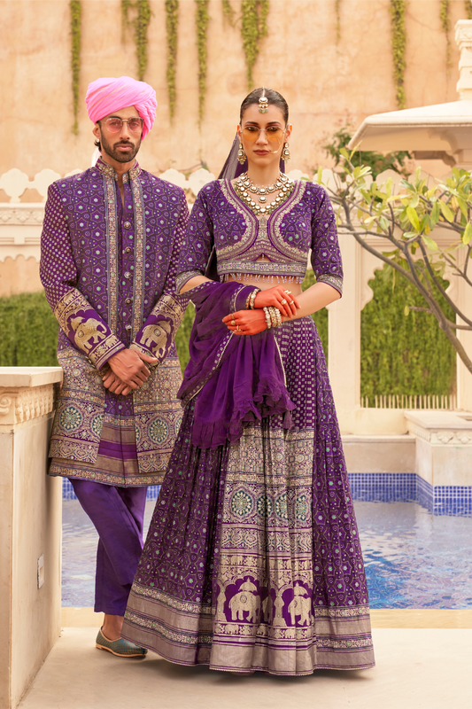 Regal Purple Bridal Lehenga & Floral Print Kurta Set for Couple - LaVante Fashion