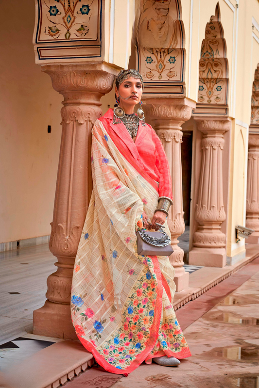 Graceful Linen Kora Saree with Woven Checks & Floral Elegance - LaVante Fashion