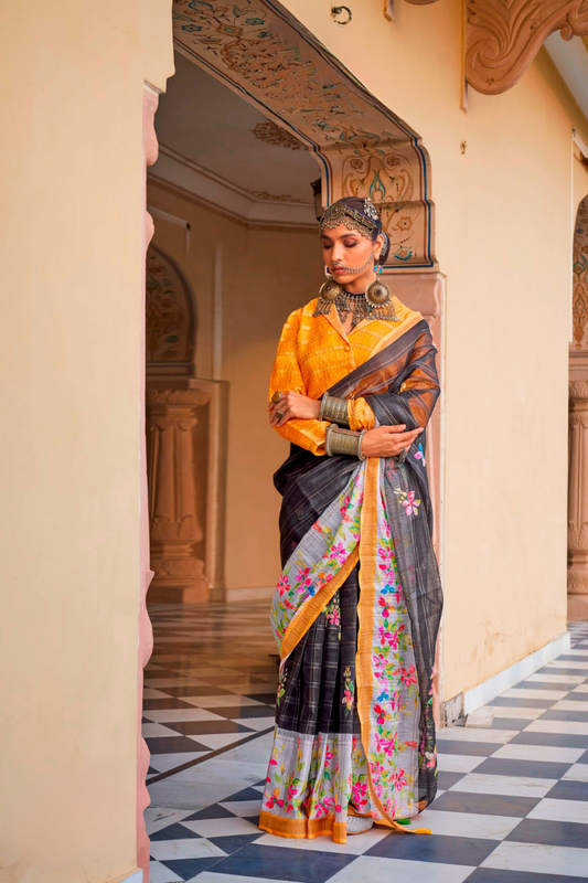Graceful Linen Kora Saree with Woven Checks & Floral Elegance - LaVante Fashion