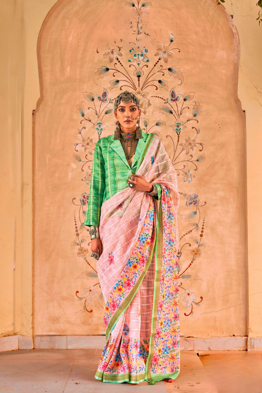 Graceful Linen Kora Saree with Woven Checks & Floral Elegance - LaVante Fashion