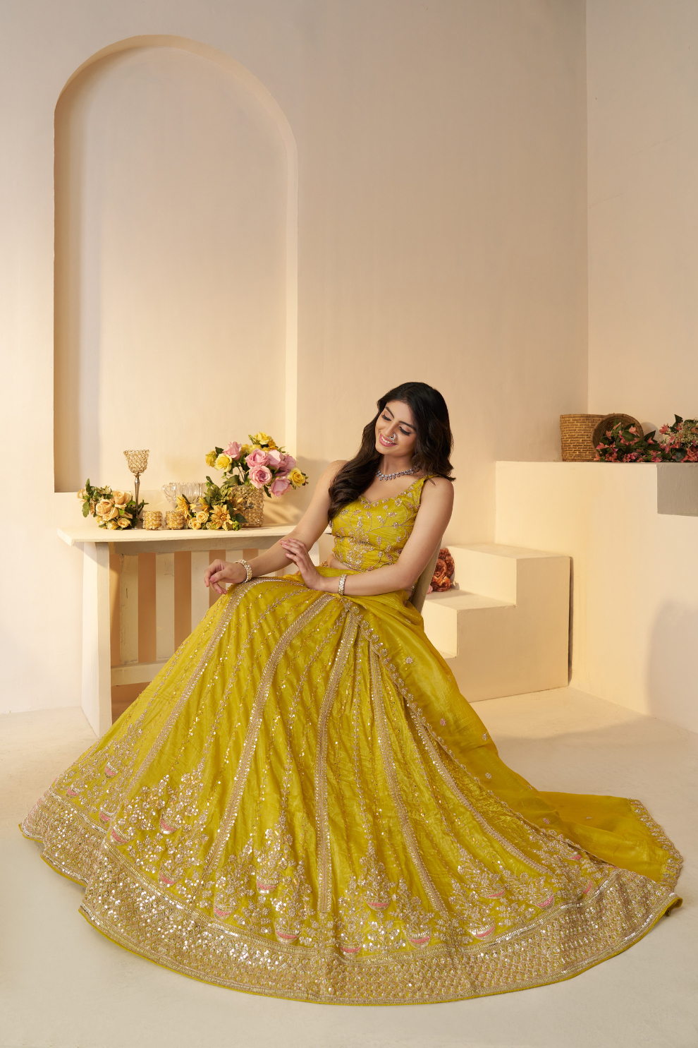 Elegant Designer Mehendi Lehenga with Intricate Sequins and Cut Dana Detailing