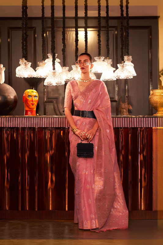 Multi Pure Linen Saree with Copper Zari Weaving Elegance