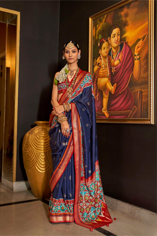 Mercerized Sigma Silk Saree with Patola Design and Gold Print