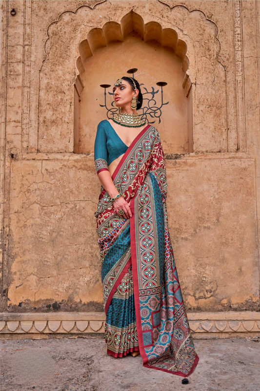 Polyester Viscose Silk Saree with Exclusive Ajrakh Print - LaVante Fashion