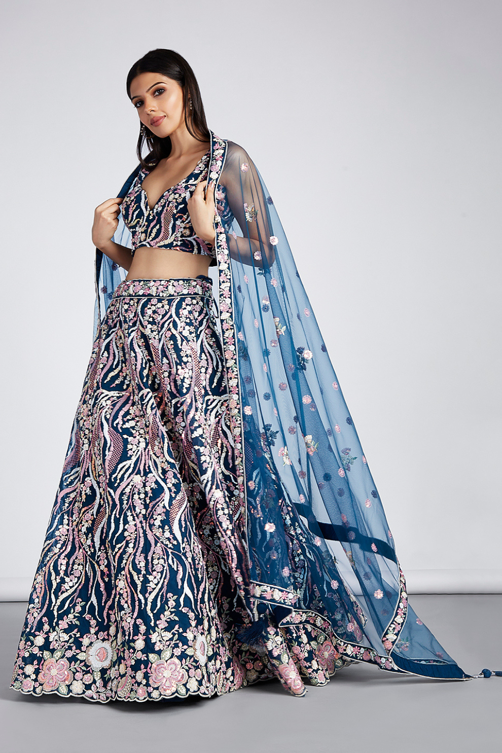 Net Sequins And Thread Embroidery Lehenga Choli Dupatta