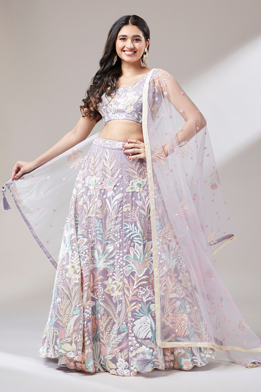 Multi-Sequins Work Net Lehenga for Party Wear