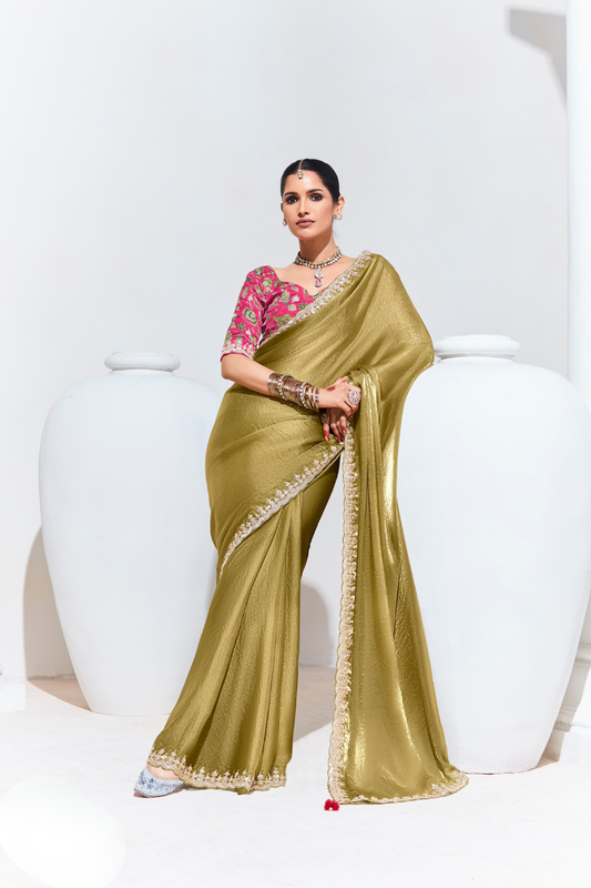 Elegant Tissue Saree with Sequins and Thread Embroidery Work
