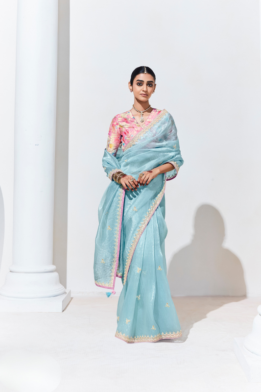 Elegant Tissue Saree with Sequins and Thread Embroidery Work