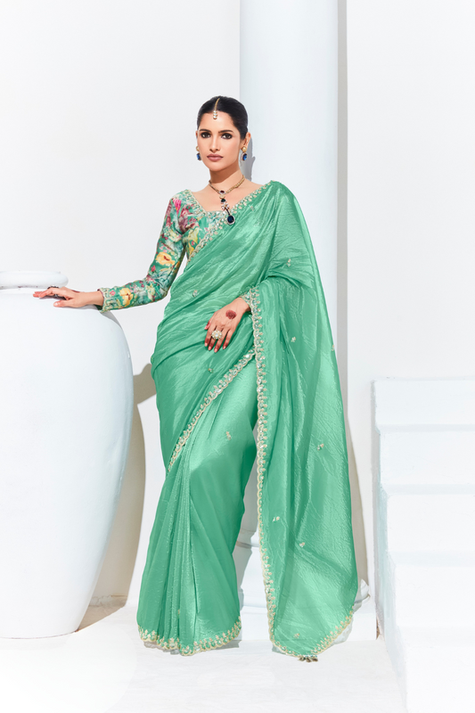 Elegant Tissue Saree with Sequins and Thread Embroidery Work