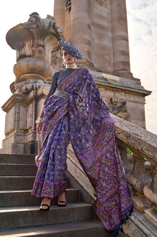 Organza Parsi Handloom Weaving Silk Saree with Delicate Heritage Detailing