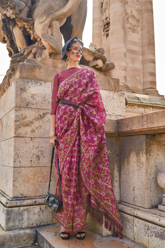 Organza Parsi Handloom Weaving Silk Saree with Delicate Heritage Detailing