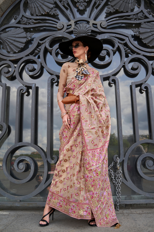 Organza Parsi Handloom Weaving Silk Saree with Delicate Heritage Detailing