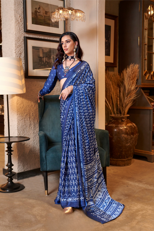 Patola Printed Satin Crepe Saree with Rich Ethnic Detailing