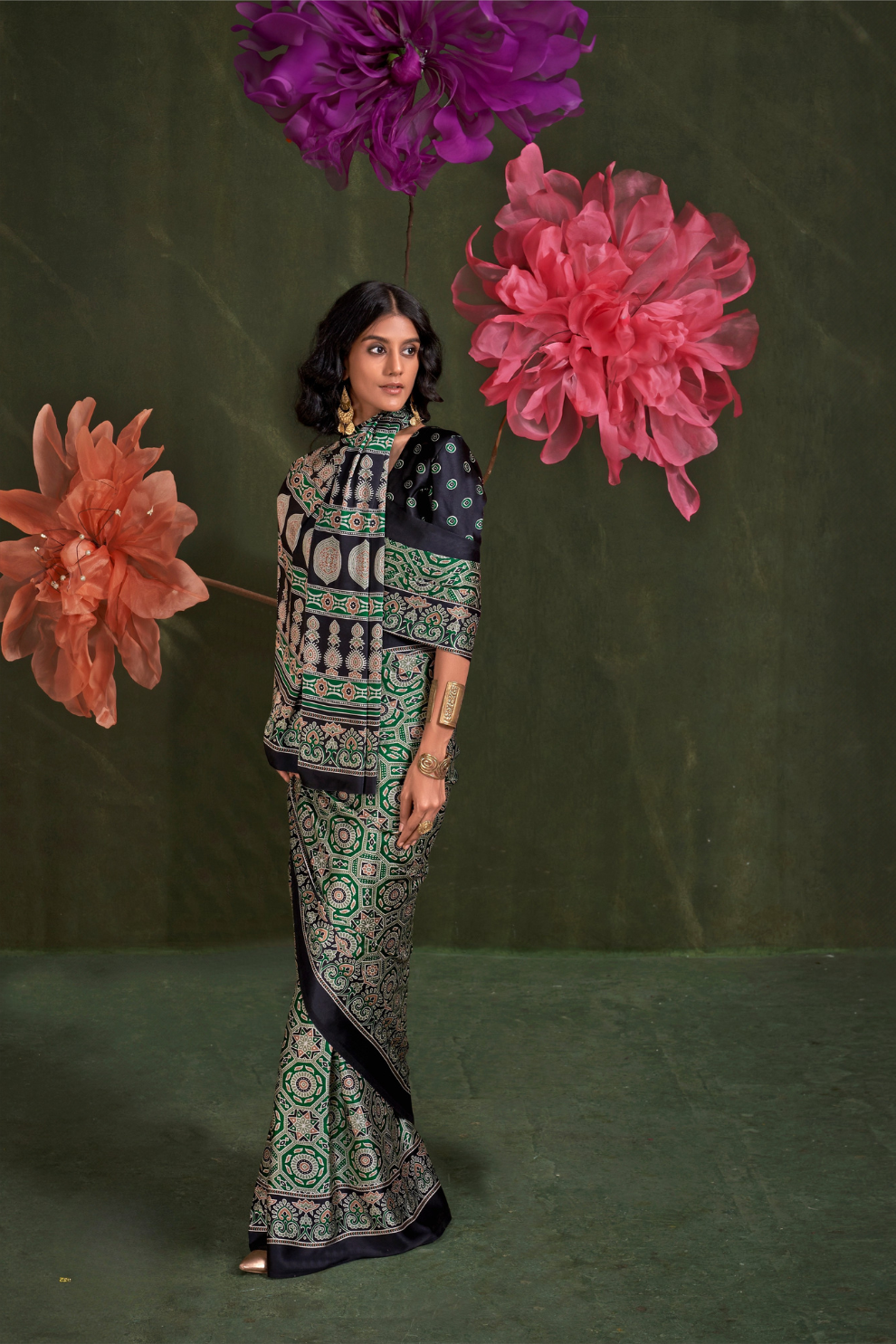 Printed Ajrakh Satin Crepe Saree with Ethnic Artistic Patterns