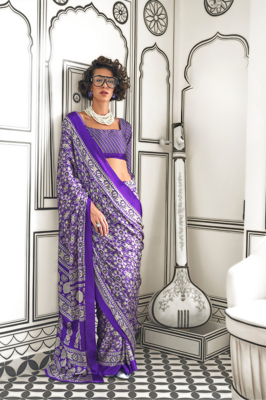 Printed Ajrakh Satin Crepe Saree with Elegant Traditional Vibes