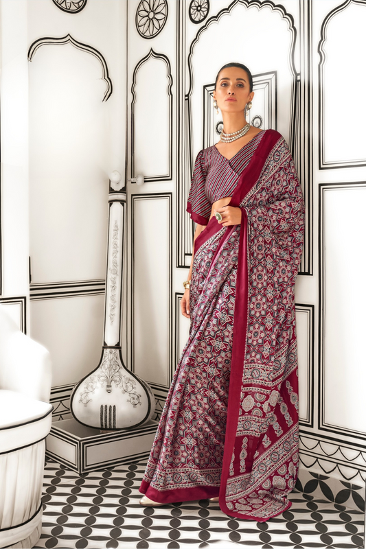 Printed Ajrakh Satin Crepe Saree with Elegant Traditional Vibes
