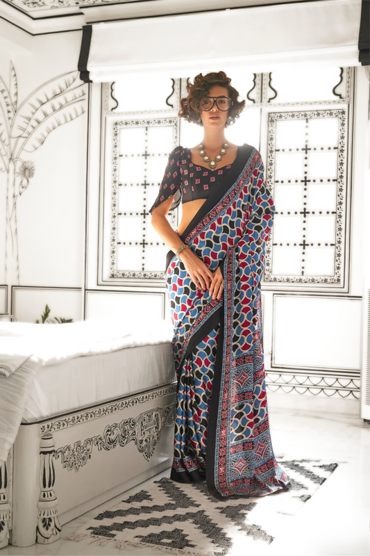 Printed Ajrakh Satin Crepe Saree with Elegant Traditional Vibes