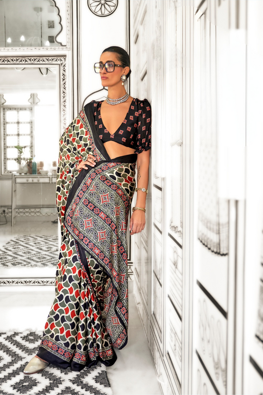 Printed Ajrakh Satin Crepe Saree with Elegant Traditional Vibes