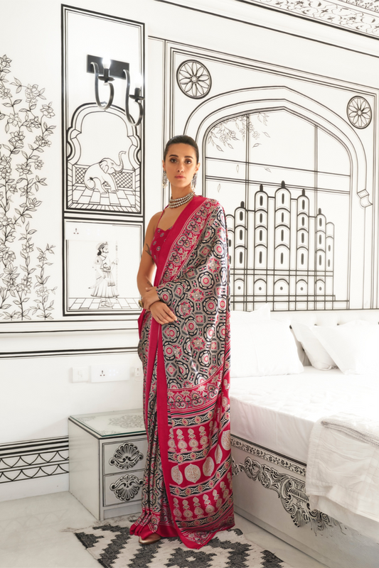Printed Ajrakh Satin Crepe Saree with Elegant Traditional Vibes