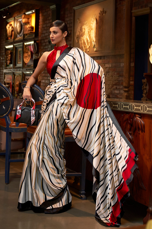 Printed Japan Satin Creep Saree with Elegant Flowing Drape