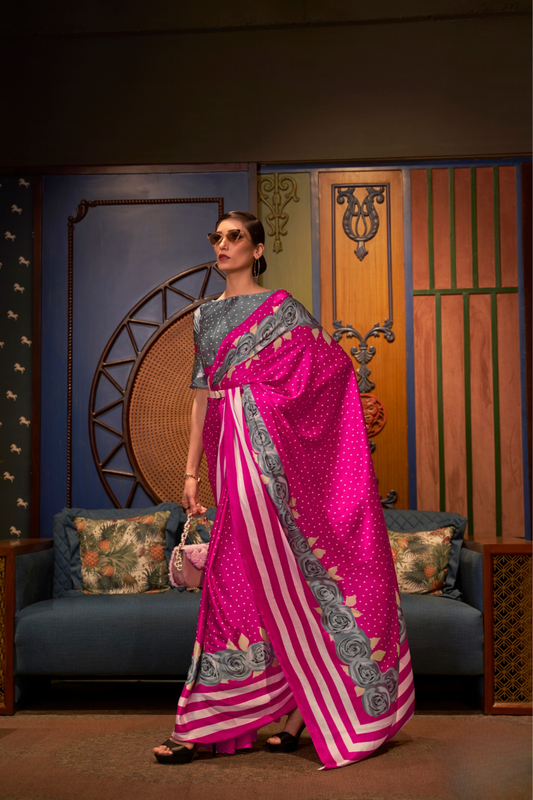 Printed Japan Satin Creep Saree with Elegant Flowing Drape