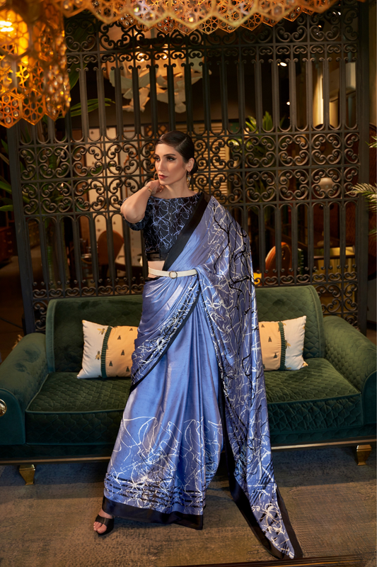 Printed Japan Satin Creep Saree with Elegant Flowing Drape