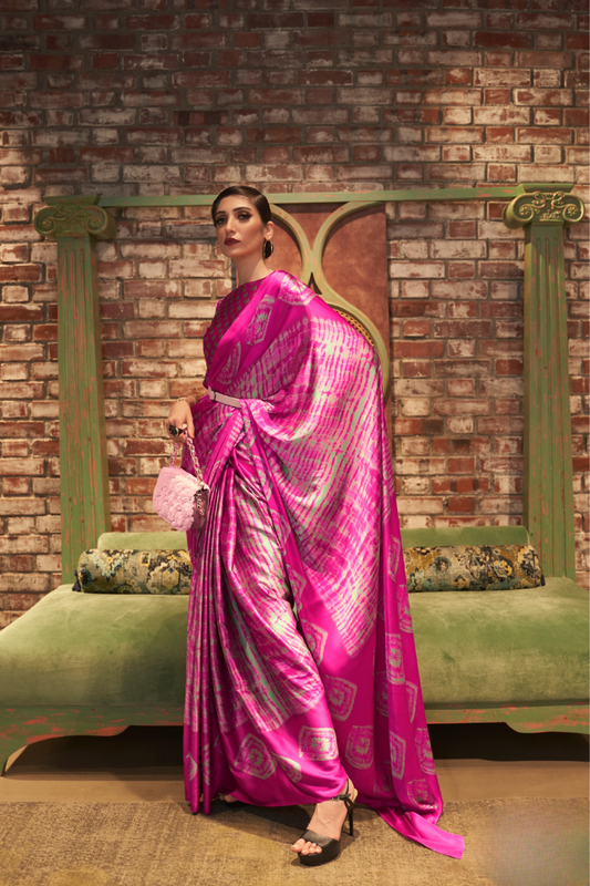Printed Japan Satin Creep Saree with Elegant Flowing Drape
