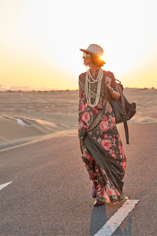 Printed Tussar Silk Saree with Elegant Artistic Patterns