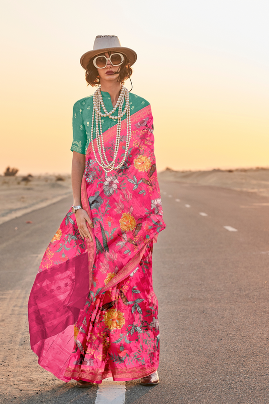 Printed Tussar Silk Saree with Elegant Artistic Patterns