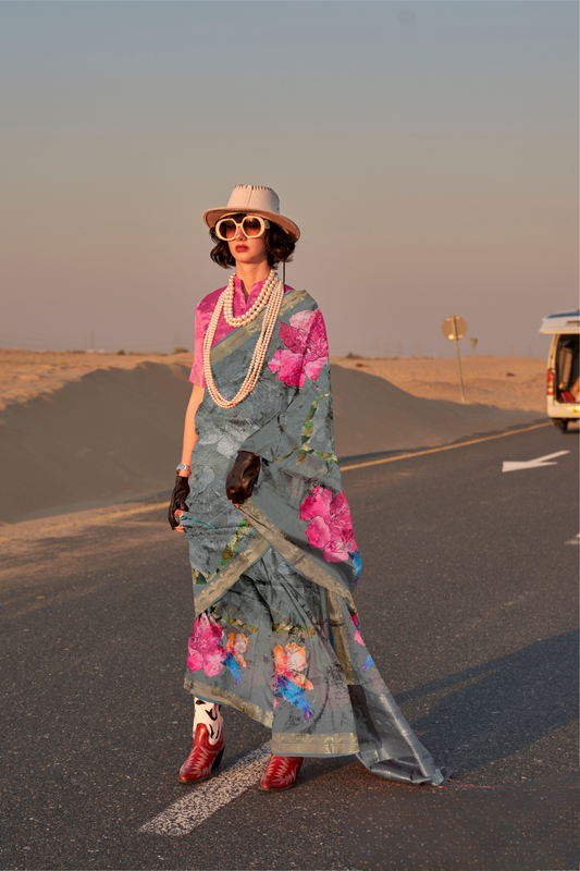 Printed Tussar Silk Saree with Elegant Artistic Patterns