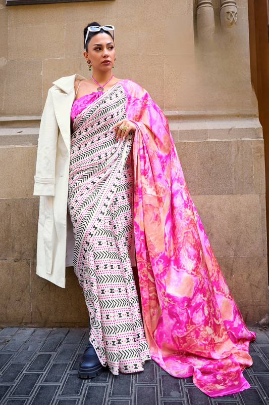 Printed Satin Creep Saree with Smooth Modern Style Finish