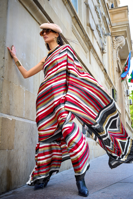 Printed Satin Creep Saree with Smooth Modern Style Finish