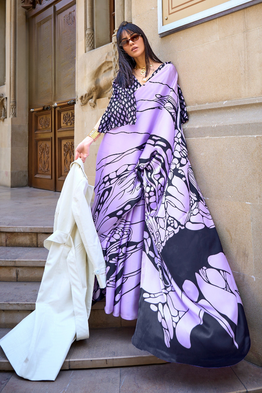 Printed Satin Creep Saree with Smooth Modern Style Finish