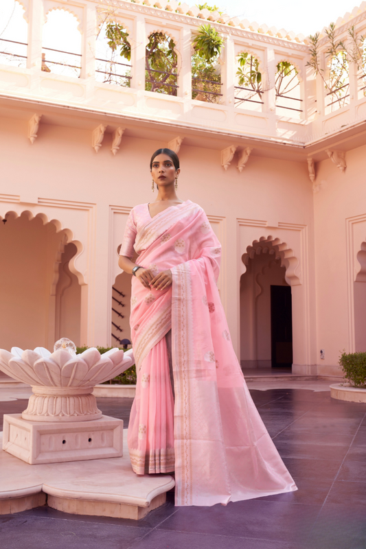 Pure Linen Silk Saree with Traditional Hand Weaving Design